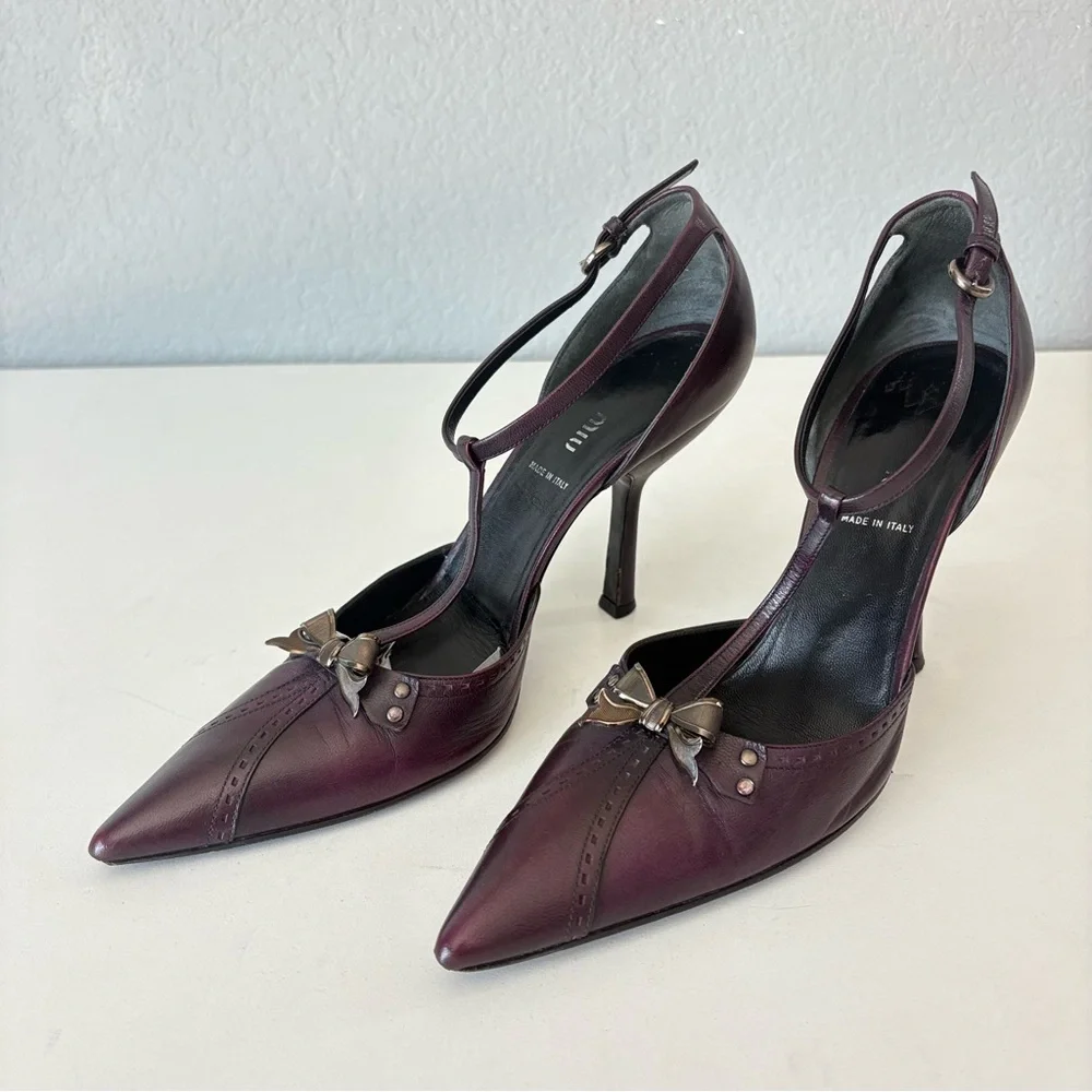 Miu Miu Dark Burgundy Leather Ankle Strap Pointed Toe Women’s Pump Heels US Sz 7 - Picture 1 of 13
